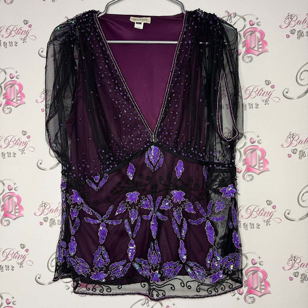 Bellesa embroiled top purple black beaded sequins stunning 🤩 dressy blouse